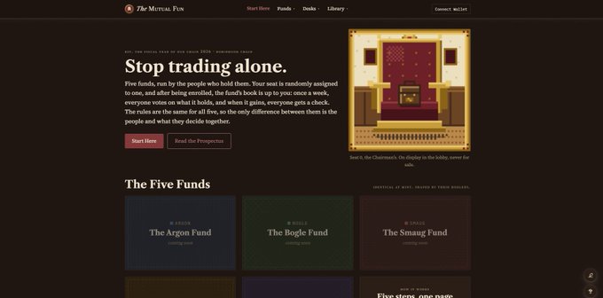 A website homepage for 'The Mutual Fun' displaying the tagline 'Stop trading alone' with sections for 'The Five Funds' including the Argon, Bogle, and Smaug funds, alongside an illustration of 'Smaug's Chair'.