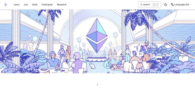 An illustration on the Ethereum website showing people gathering in a lush, modern space around a large Ethereum logo in the background.