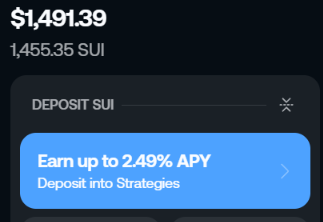 The image shows a SUI crypto wallet interface displaying a balance of $1,491.39 (1,455.35 SUI) with a "Deposit SUI" option offering up to 2.49% APY through deposit strategies. The post asking for SUI addresses complements the image by inviting users to share their SUI wallet addresses, likely for an airdrop or reward distribution.