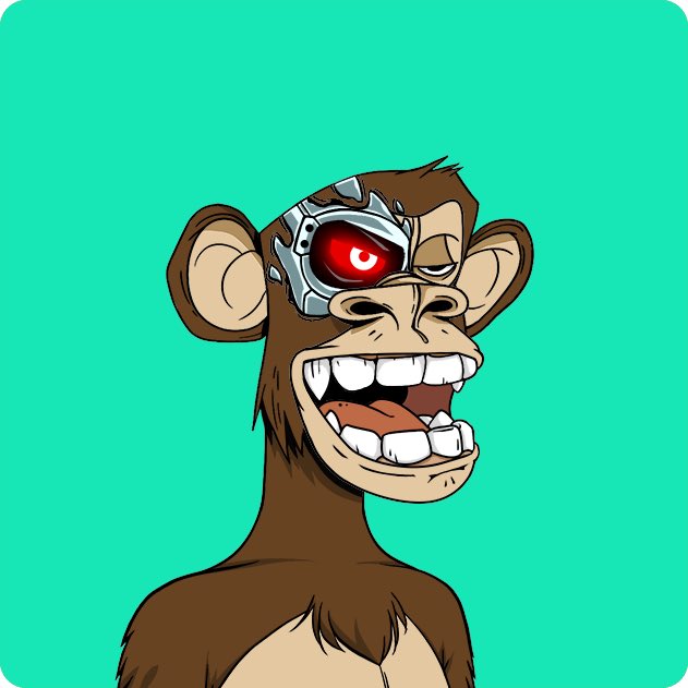 The image features a cartoon monkey with a red eye, wearing a mask that looks like a robot or machine head. The monkey has a big smile on its face and appears to be laughing. The caption of the image reads "I never thought I'd own even one bored ape but i just secured #2 for the vault!".