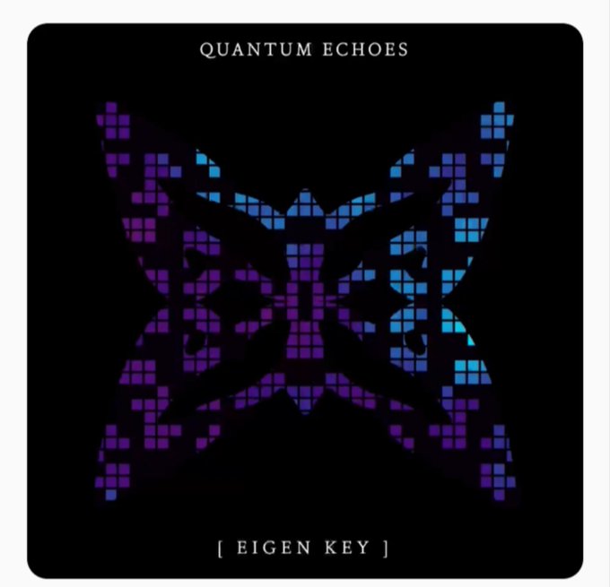 A pixel-art butterfly in shades of purple and blue on a black background with the text 'QUANTUM ECHOES' at the top and '[ EIGEN KEY ]' at the bottom.