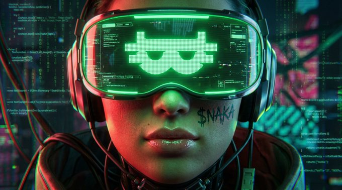 A close-up portrait of a person wearing VR goggles displaying a green pixelated sunglasses emoji, with the text '$NAKA' tattooed or written on their cheek.