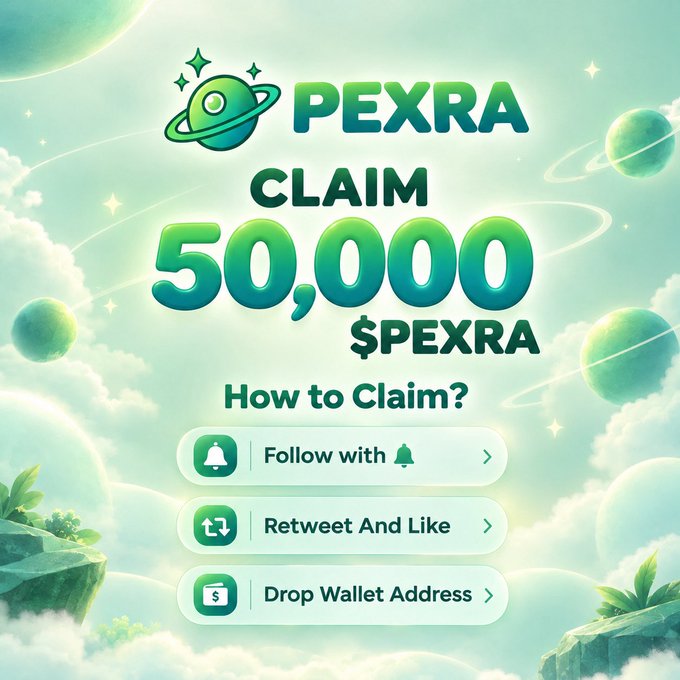 A vibrant green-themed PEXRA airdrop banner advertises a giveaway of 50,000 $PEXRA tokens, listing steps to claim: follow with a notification, retweet and like, and drop a wallet address. The image aligns with the accompanying post promoting a Solana-based token airdrop launching October 3rd on an FCFS basis.