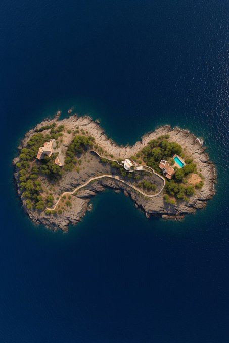 An aerial view of a small rocky island shaped like a bow-tie or figure-eight surrounded by deep blue ocean, featuring scattered trees, buildings, and a swimming pool.