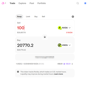 A Uniswap trading interface showing a swap of 100 NVDA tokens ($20,857.70) for approximately 20,770.2 USDG ($20,770.22), with a note that the token tracks Nvidia with U.S. market hours liquidity.