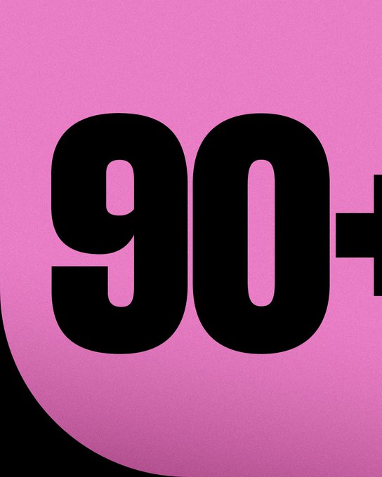 A graphic with a pink background showing partial large black text '90+' in a bold font.