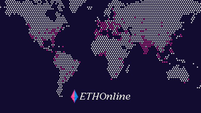 A hexagonal-dotted world map with magenta highlights across regions like Europe, India, and South America appears above the "ETHOnline" logo, visually representing the global, worldwide reach of the ETHOnline hackathon that The Graph is sponsoring with $15,000 in prizes across two AI- and Graph-focused tracks.