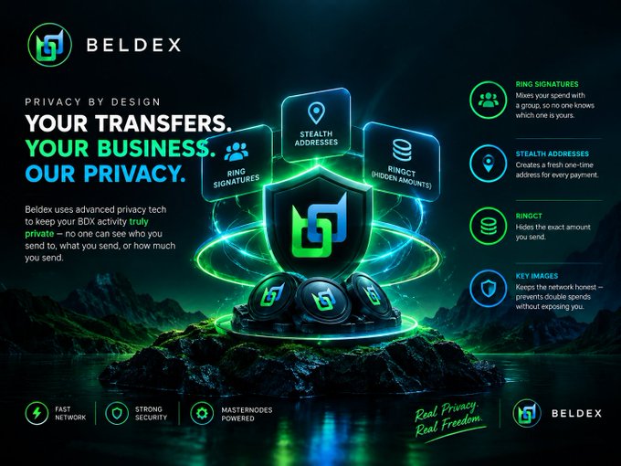 An advertisement for 'BELDEX' cryptocurrency, highlighting features like 'YOUR TRANSFERS. YOUR BUSINESS. OUR PRIVACY.' with descriptions for Ring Signatures, Stealth Addresses, and RingCT.