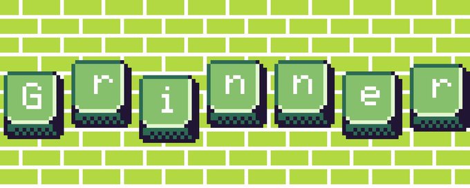 Pixel art banner on a green brick background displaying the word 'Grinner' with each letter on a separate green block.