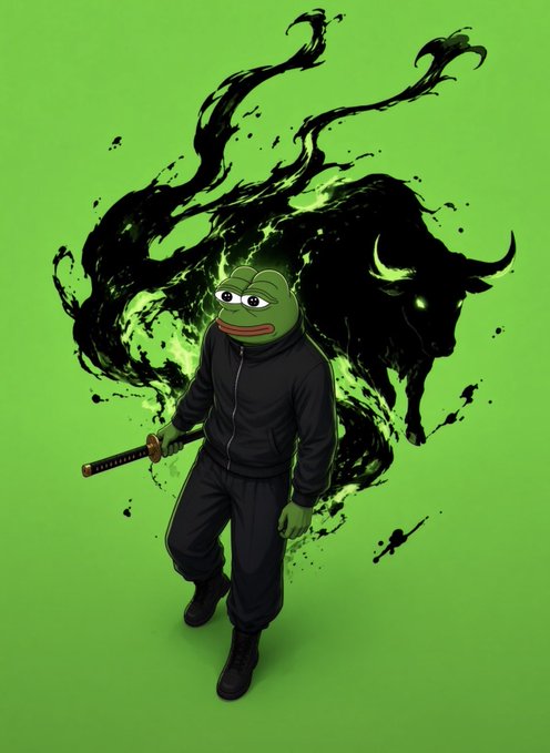 An anime-style character with a Pepe the Frog head, dressed in a black tracksuit and holding a katana, stands before a dark bull silhouette emanating green energy.