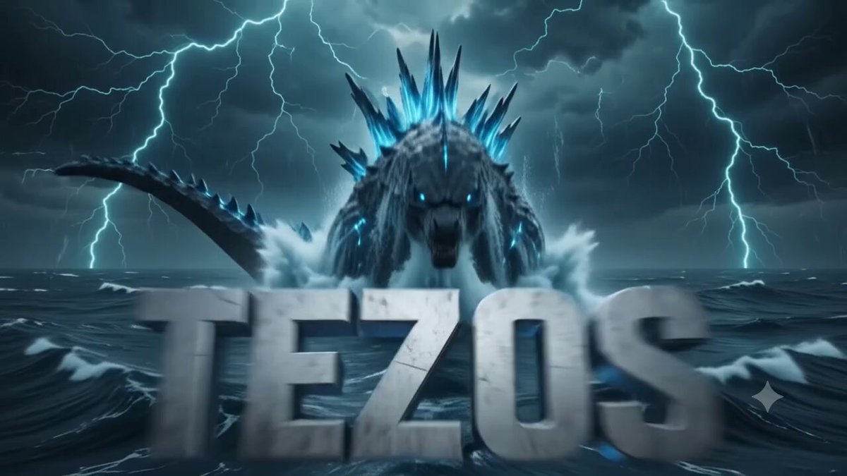 The image features a large blue dinosaur with spikes standing in the ocean under a stormy sky. The text "Tezos" is written above the dinosaur, indicating that this is an advertisement for a cryptocurrency called Tezos. The background of the image shows lightning bolts and waves crashing against each other, creating a dramatic atmosphere. The post also mentions that Tezos is the world's first formally verified cryptocurrency, which means it has been independently certified by a third-party organization to ensure its authenticity and security. This adds credibility to the claim made in the advertisement.