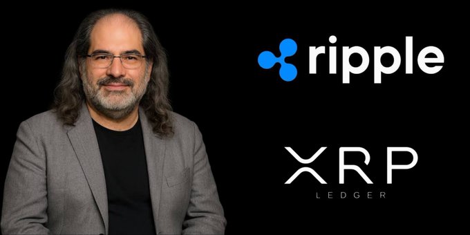 A man with long gray hair and glasses poses next to the Ripple logo and 'XRP LEDGER' branding on a black background.