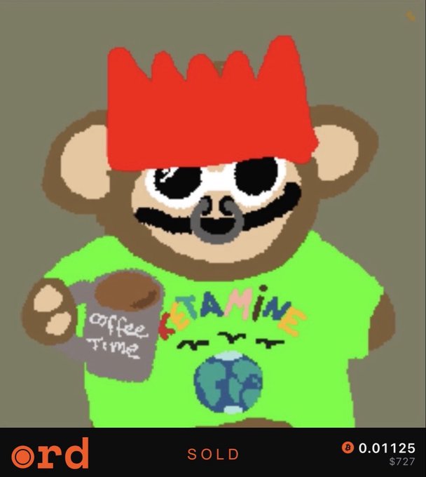 An NFT artwork of a cartoon bear with red hair, a mustache, and a nose ring wearing a green 'KETAMINE' shirt and holding a 'coffee time' mug, marked as SOLD for 0.01125 ($727).