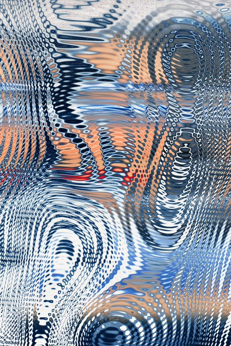 An abstract digital artwork featuring wavy, rippling patterns in blue, white, black, and peach tones, creating an optical distortion effect.