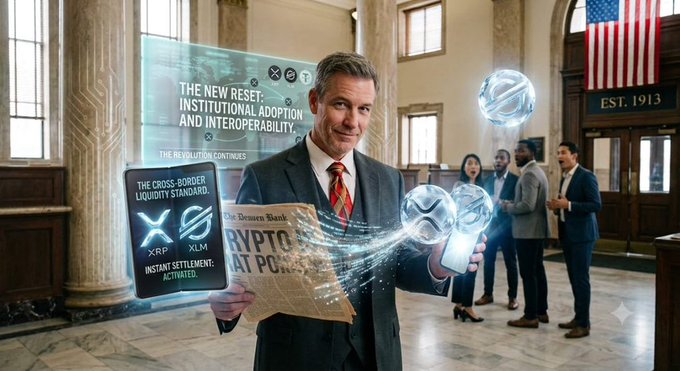 An AI-generated image depicts a man in a suit holding a newspaper labeled 'CRYPTO' alongside holographic XRP and XLM (Stellar) tokens, with text reading 'THE NEW RESET: INSTITUTIONAL ADOPTION AND INTEROPERABILITY'.