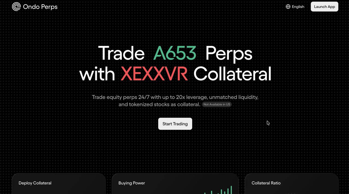 The image shows a website called "Ondo Perps" that is focused on trading leveraged perpetual futures using XexxxVR technology. This platform allows people to trade real-time US stocks, ETFs, and other financial instruments with no need for a traditional brokerage account or market hours. The website also provides information about various cryptocurrencies and the trading process. The post title "Ondo Perps is live today. For the first time in history, anyone on earth with a crypto wallet can trade leveraged perpetual futures on real US stocks and ETFs". This implies that the platform has been designed to be user-friendly, offering accessible trading options for anyone interested in entering into the market without requiring prior banking experience or specific financial knowledge. The website appears to offer Bitcoin, as well as other cryptocurrencies such as Ethereum, Ripple, and Litecoin among others.