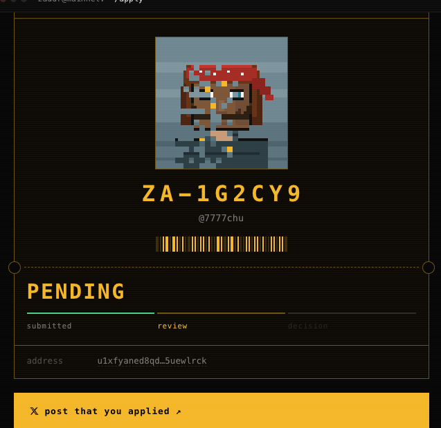 A pixel art NFT application card shows a pirate character with the ID 'ZA-1G2CY9' by @7777chu, status 'PENDING' in the review stage with barcode and address 'u1xfyaned8qd_5uewlrrck'.