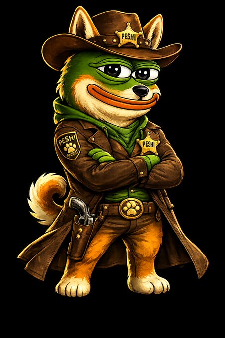 An illustration of a Shiba Inu dog dressed as a sheriff, wearing a green shirt, brown cowboy hat with a 'PESHI' badge, brown coat with 'PESHI' patches, and a holstered revolver.