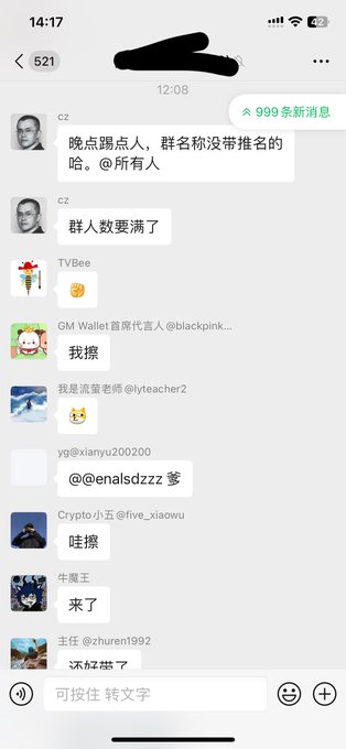A WeChat group chat screenshot timestamped 12:08 showing "cz" requesting members check in before the group gets full, with multiple users (TVBee, GM Wallet, 流量老师, yg, Crypto小五, 牛魔王, 主任) responding "我擦," "来了," "还好带了," etc., illustrating the "core circle" mention count check before CZ's expected purge.