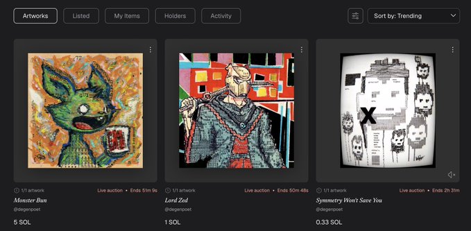 A digital art marketplace interface showing three live auction listings: "Monster Bun" by @dragonpost for 5 SOL, "Lord Zed" by @dragonpost for 1 SOL, and "Symmetry Won't Save You" by @dragonpost for 0.33 SOL.