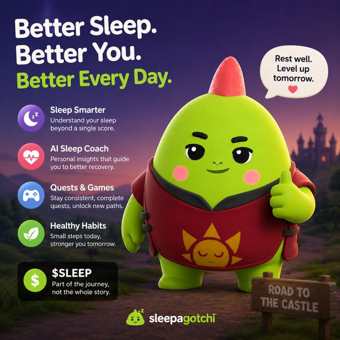 A promotional graphic for Sleepagotchi featuring a green, egg-shaped mascot with a pink tuft of hair and a red shirt giving a thumbs-up, set against a twilight landscape with a distant castle and a wooden "Road to the Castle" sign. The ad highlights features like "Sleep Smarter," "AI Sleep Coach," "Quests & Games," "Healthy Habits," and "$SLEEP" under the headline "Better Sleep. Better You. Better Every Day," with a speech bubble reading "Rest well. Level up tomorrow," reinforcing the post's message that the product ecosystem—not the token—is the central focus, with $SLEEP serving as just one part of a broader sleep-tracking and gamified wellness experience.