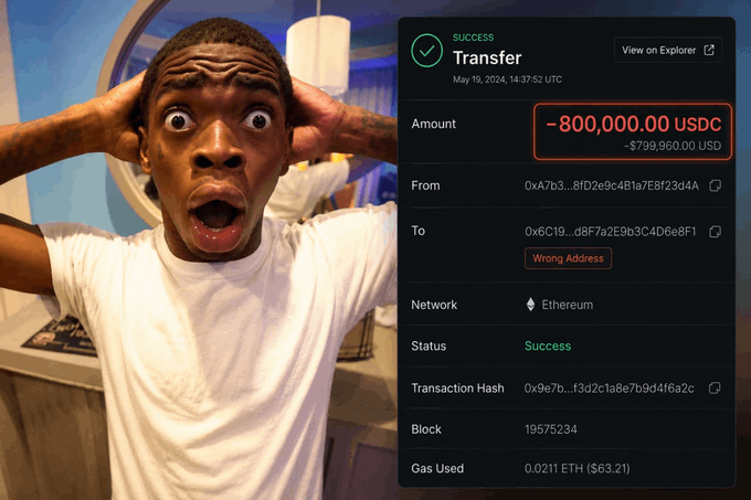 A shocked man with hands on his head reacts to a successful Ethereum blockchain transaction showing a -$800,000 USDC transfer (~-$799,960 USD) sent to a flagged "Wrong Address," illustrating how a single bad click or mistyped address can instantly cause devastating financial losses—one of many brutal errors highlighted in the post, such as Bithumb's $40B accidental distribution of 620,000 BTC instead of KRW.