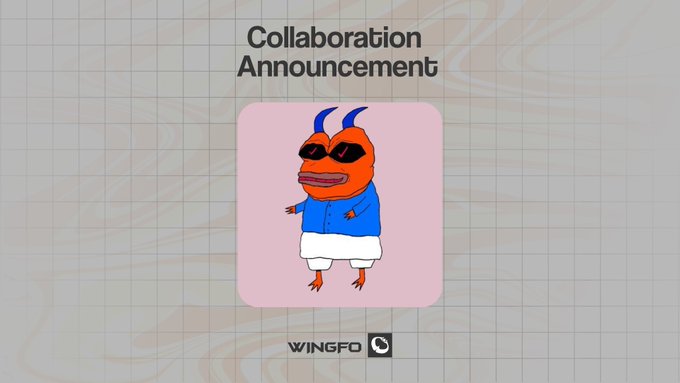 A "Collaboration Announcement" graphic featuring a cartoon orange bug character wearing sunglasses, a blue hoodie, and white shorts, displayed on a pink background with the Wingfo logo, promoting a free mint collaboration with PEPEMFERS.