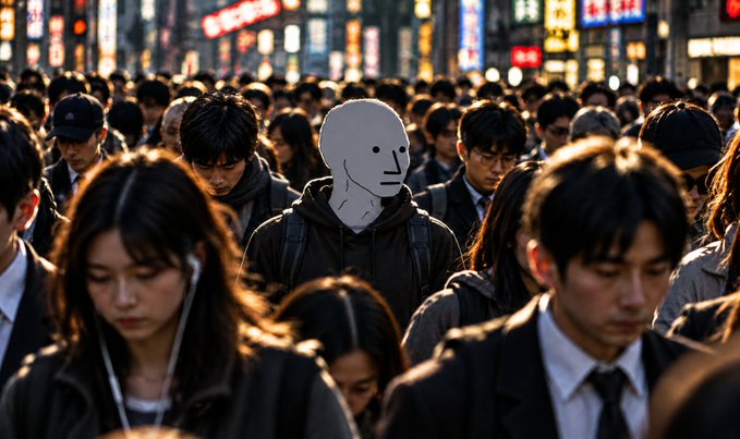 A person in a white mask stands out in a crowd of people walking down a busy city street with neon signs in the background.