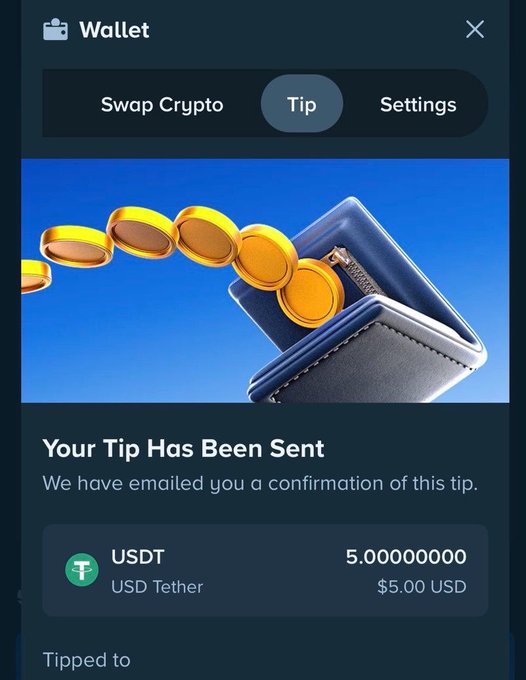 A crypto wallet confirmation screen showing a successful $5 USDT tip has been sent, with the "Tip" tab selected. The image visually supports the post's call to action, showing users they can win a $5 USDT tip by dropping their stake ID.