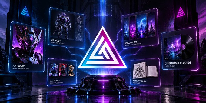 A neon-lit digital display showcases various media products including artwork, 3D models, avatars, wallpapers, activity books, and a cybernetic records music album, arranged around a glowing triangular symbol.
