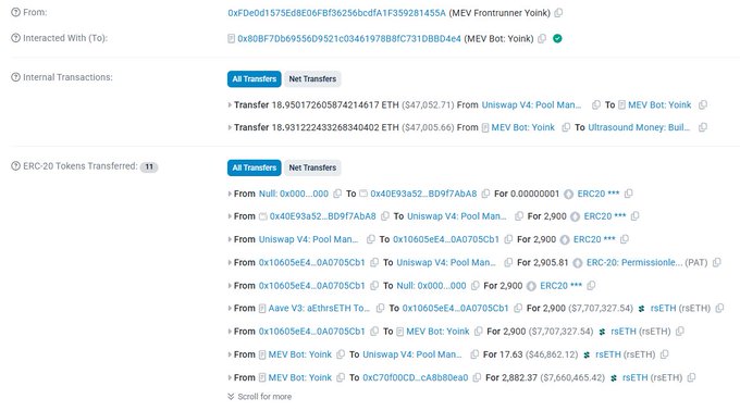 This image shows a blockchain transaction history explorer displaying wallet interactions, with approximately 16.95 ETH and 16.93 ETH transfers between MEV Frontrunner Yoink and MEV Bot Yoink addresses, alongside 11 ERC-20 token transfers including 2,900 rsETH tokens (worth $7,707,327.54) from various sources like Aave V3, Uniswap V4 Pool Manager, and the MEV Bot Yoink to address 0x10605eE4...0A0705Cb1, illustrating the trading bot's recovery of the stolen $7.8 million in crypto from the Gnosis Safe wallet exploit.