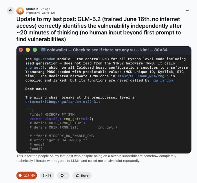 A Reddit post from r/Bitcoin by Impressive-Gene-421 titled 'Update to my last post: GLM-5.2 (trained June 16th, no internet access) correctly identifies the vulnerability independently after ~20 minutes of thinking,' showing a code analysis of a Coldcard vulnerability.