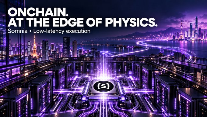 A promotional banner with the text "ONCHAIN. AT THE EDGE OF PHYSICS. Somnia • Low-latency execution" set against a futuristic, purple-lit cityscape and server rack imagery.