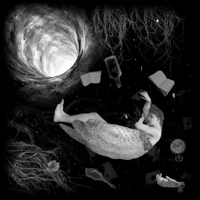 A black and white surreal collage featuring a floating figure surrounded by hanging roots, an open book, a clock, and a swirling cosmic portal.