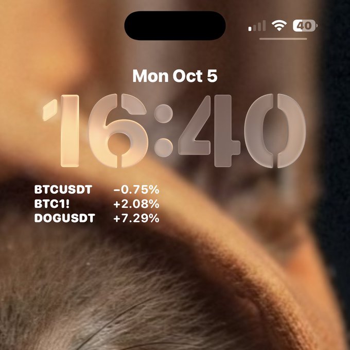An iPhone lock screen showing 'Mon Oct 5, 16:40' with battery at 40%, featuring a cat wallpaper and crypto tickers: BTCUSDT -0.75%, BTC! +2.08%, DOGUSDT +7.29%.