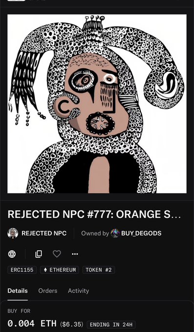 The image shows an NFT listing on OpenSea for "Rejected NPC #777: Orange S..." featuring a stylized black-and-white illustration of a jester-like figure with a patterned hood, elongated face, and geometric facial features, currently priced at 0.004 ETH ($6.35) with 24 hours remaining. The post explains this is the artist's own rejected NPC art submission, minted as a 1/1 piece after being turned down by "Chud and the team."