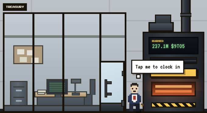 A pixel art scene of a corporate 'TREASURY' office showing a character with the prompt 'Tap me to clock in' next to a burning furnace display reading '237.1M $9705'.