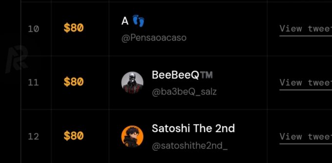 A screenshot showing a leaderboard with usernames including '@Pensaocaso', 'BeeBeeQ (@ba3beQ_salz)', and 'Satoshi The 2nd (@satoshithe2nd_)' alongside their rankings (10, 11, 12) and entry fees of $80.
