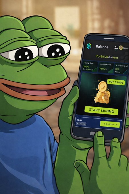 The image features a sad Pepe the Frog holding up a smartphone displaying a crypto-mining app called "GridPoint," which shows a balance of "10,468.06 GridPoint," a "Start Mining" button, and task information. This aligns with the post's call to action for "Gridders" to mine and grow their holdings on the Grid, tying the meme's melancholic energy to the #GridCoin #Web3 #Airdrop promotion.