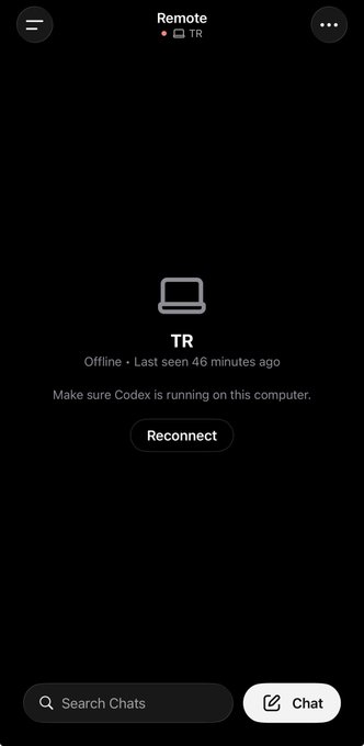 A dark mobile app screen shows a 'Remote' status with a 'TR' device labeled 'Offline - Last seen 46 minutes ago' and a message stating 'Make sure Codex is running on this computer,' above a 'Reconnect' button.