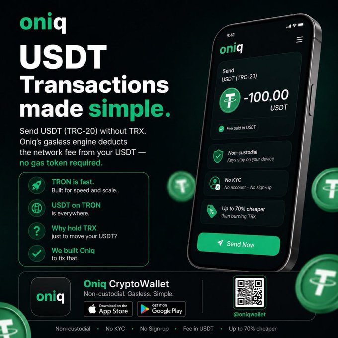 A promotional advertisement for 'Oniq' crypto wallet showcases 'USDT Transactions made simple,' highlighting gasless USDT (TRC-20) transfers without requiring TRX, featuring app store badges and a QR code.