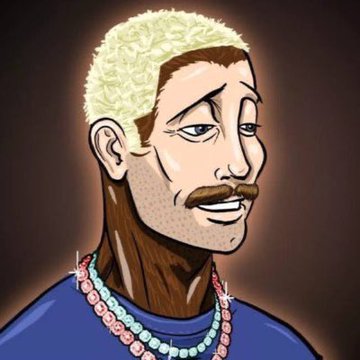 A cartoon-style digital illustration of a man with blonde curly hair, a mustache, and beaded necklaces in turquoise, pink, and white. The NFT portrait evokes nostalgia for the height of Solana NFT culture.
