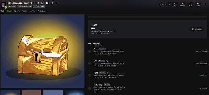 A webpage screenshot for 'RPG Genesis Chest' displaying a golden treasure chest NFT with team information including 'Genesis 5 of 5:00 PM GMT+7', a mint schedule, and analytics showing 44 chests minted.
