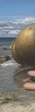 A blurry, motion-streaked photograph captures a golden UFO-like craft hovering low over a coastal shoreline with waves and rocks visible below.