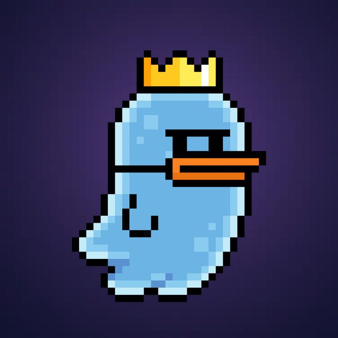 A pixel art illustration of a blue duck character wearing a gold crown, set against a dark purple gradient background.