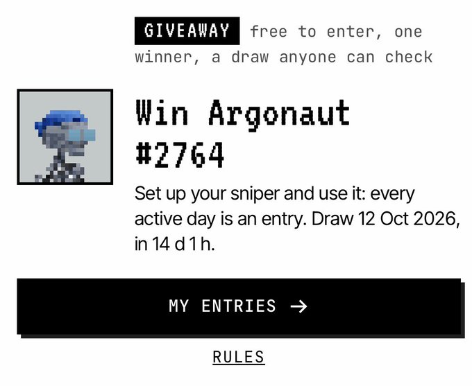 A webpage screenshot showing a giveaway for 'Win Argonaut #2764' with a pixel art blue character. It states 'GIVEAWAY free to enter, one winner, a draw anyone can check', includes rules about setting up a sniper, and shows a 'Draw 12 Oct 2026, in 14 d 1 h'.