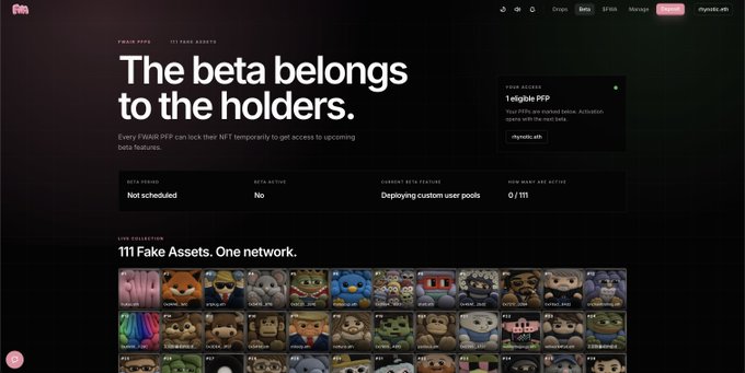 The image shows an updated beta page for the "FWAR" PFP NFT collection, featuring the headline "The beta belongs to the holders." with statistics indicating 1 eligible PFP, no scheduled beta, no active beta, and 0/111 users opted in, alongside a gallery of 111 diverse PFP characters. This directly illustrates the post's announcement that holders will be able to opt into the beta by temporarily locking their NFTs once custom user pools go live.