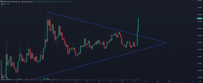 A cryptocurrency trading chart for 'DUCETETH on Uniswap' showing a symmetrical triangle pattern in blue lines over red and green candlesticks.