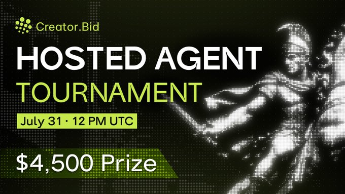 A promotional graphic for the "Hosted Agent Tournament" by Creator.Bid, scheduled for July 31 at 12 PM UTC, featuring a $4,500 prize and a stylized knight illustration. The image visually reinforces the post's announcement of the tournament, highlighting the date, platform, and prize amount in bold neon green and white text against a dark, action-themed background.