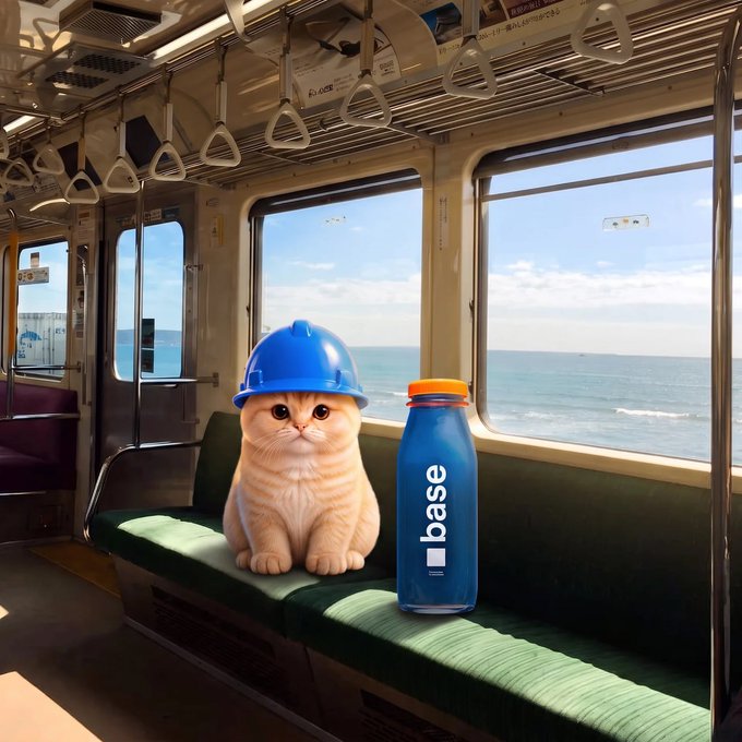 A fluffy orange cat wearing a blue hard hat sits on a green train seat next to a blue water bottle labeled "base," with ocean views visible through the windows—fittingly depicting the $BASECAT mascot in transit.